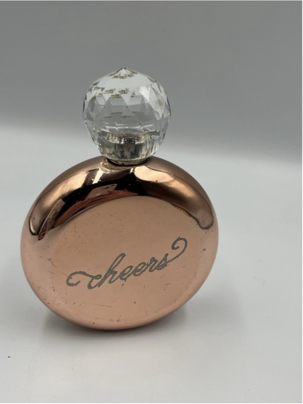 Stainless Steel Rose Gold Cheers Round Flask With Crystal Bling Jeweled Top SEE